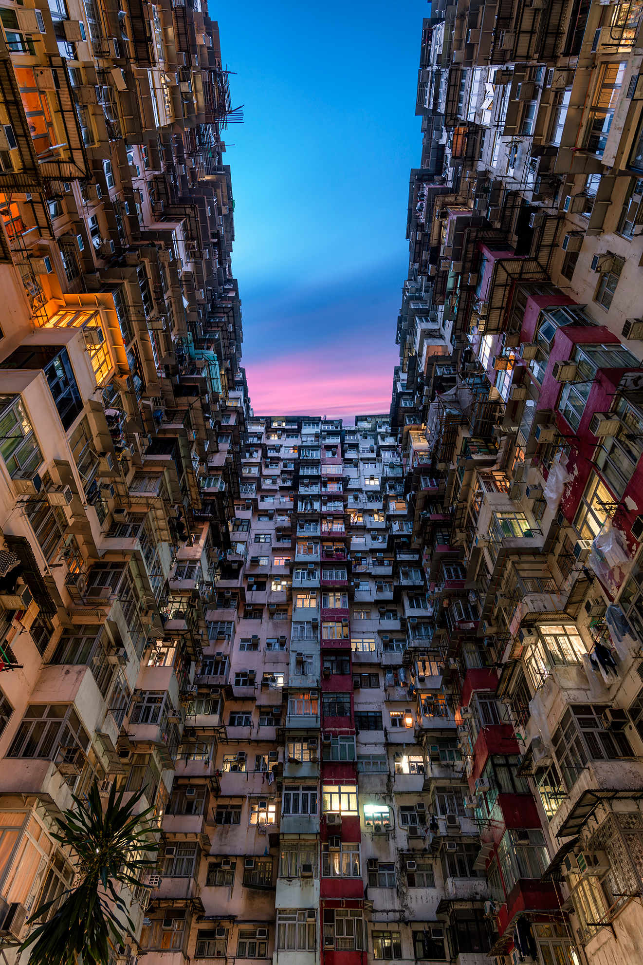 Looking up at the vertical rise of the HK Tick Fat building at sunset