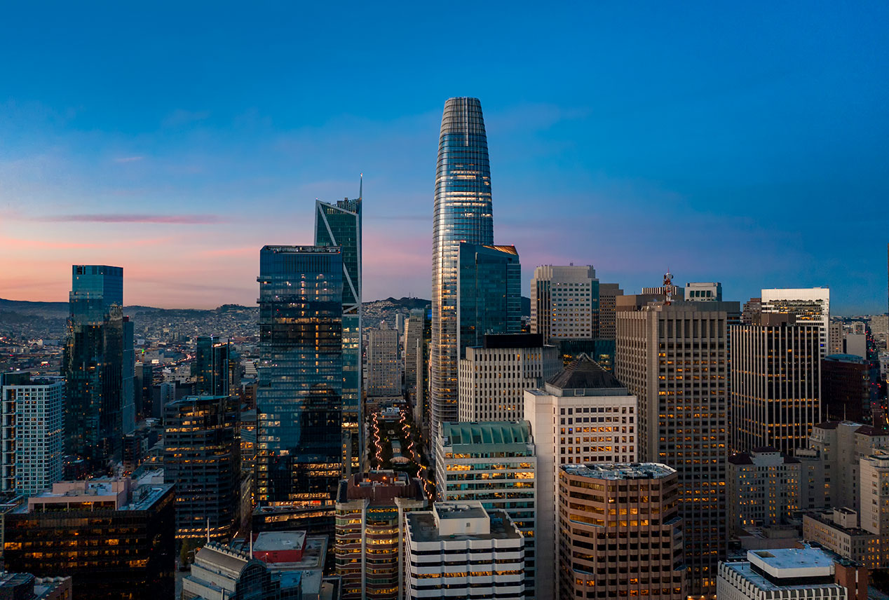 aerial drone photography San Francisco downtown Embarcadero sunrise