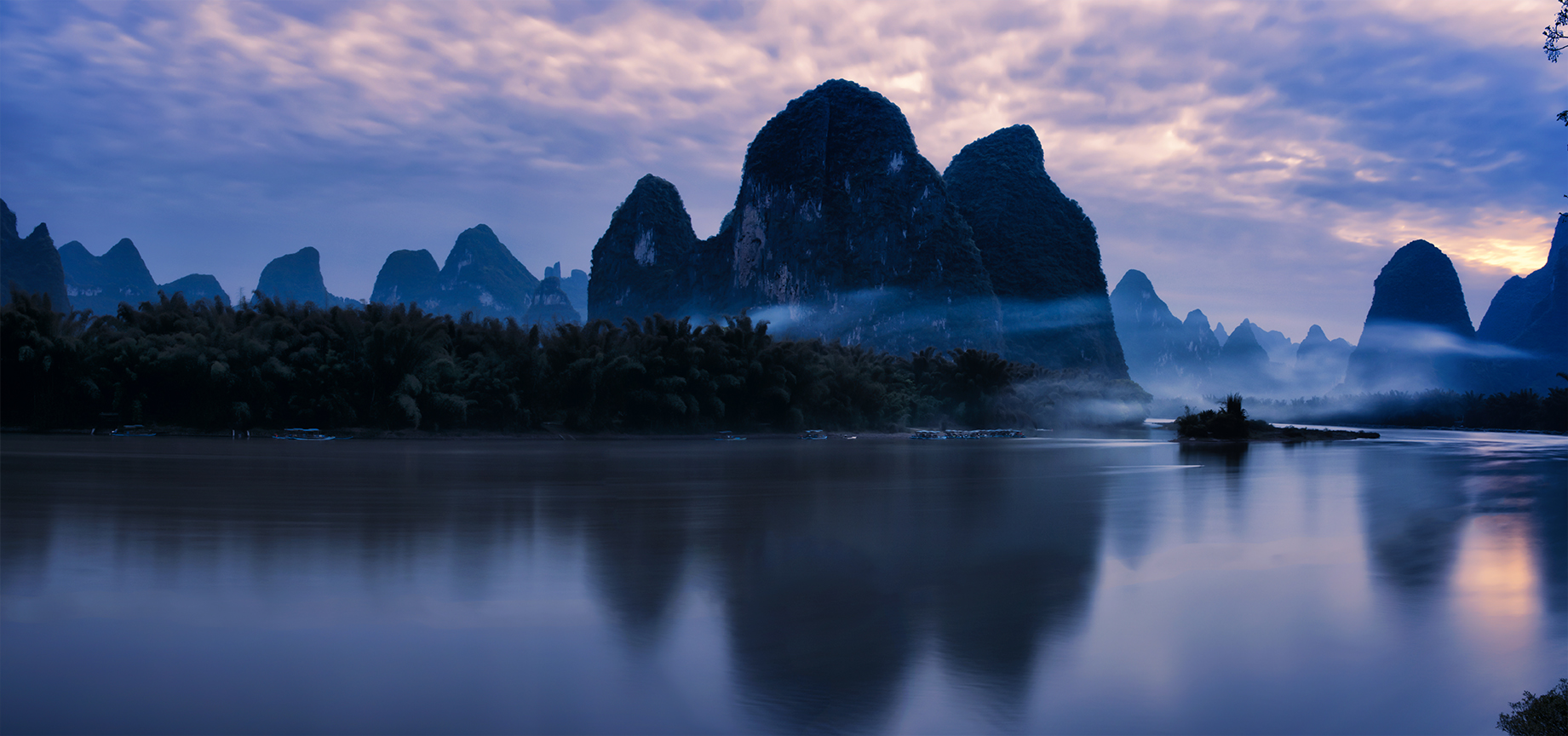Li River and mountains at blue hour, Yangshuo