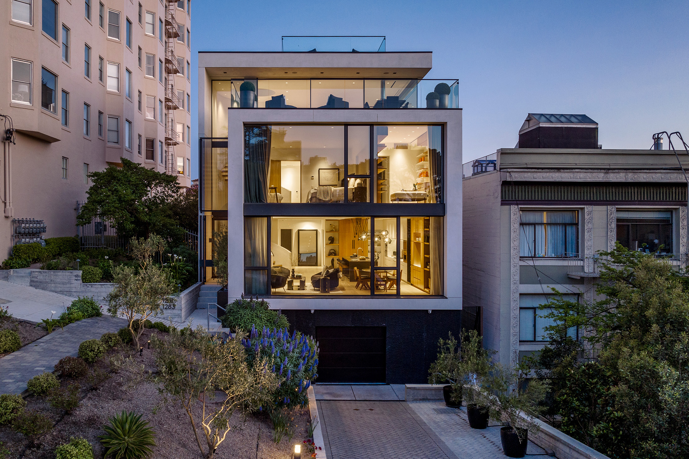 Modern San Francisco luxury facade at twilight