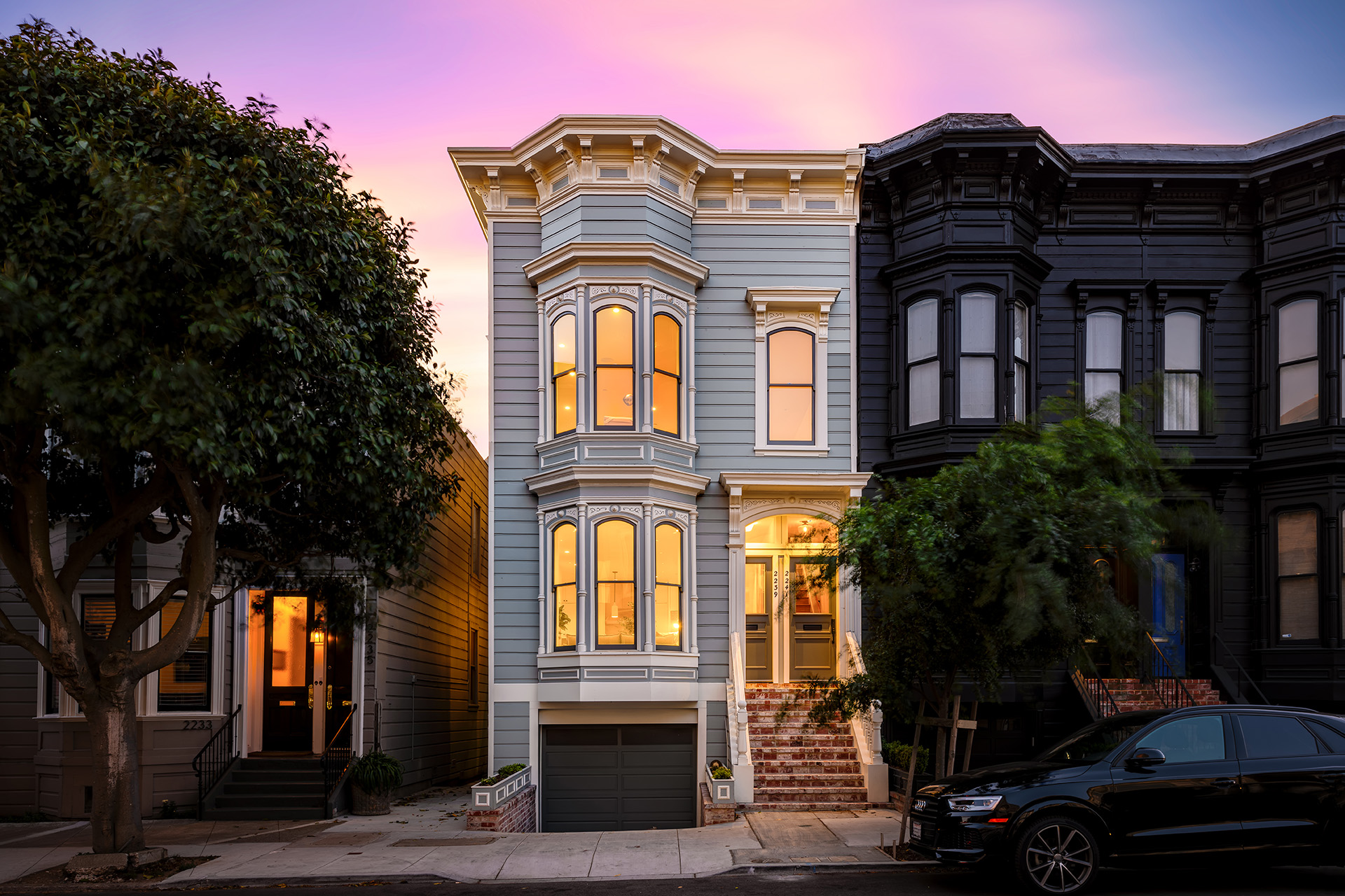 San Francisco Victorian exterior at twilight