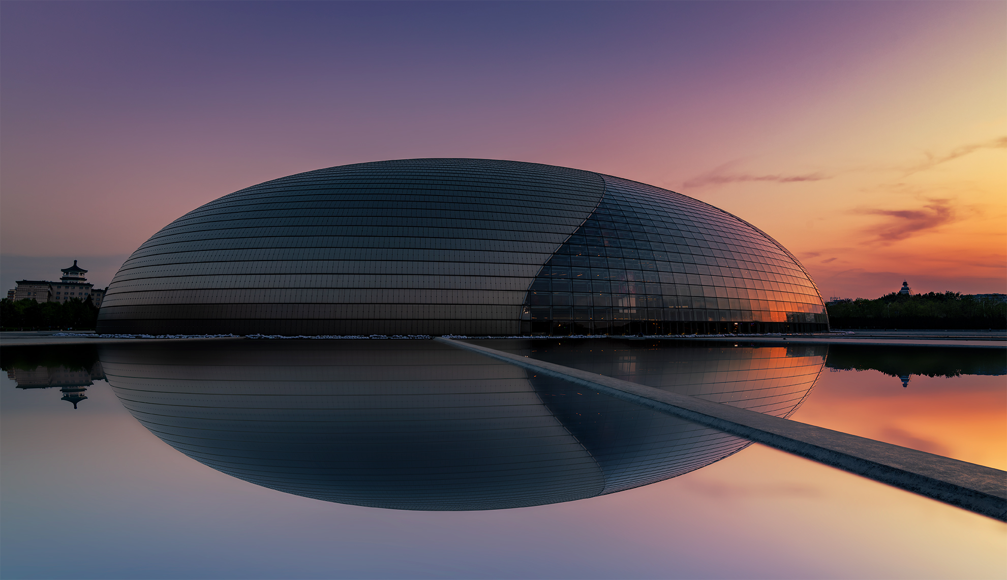 National Centre for the Performing Arts, Beijing, reflected at sunset
