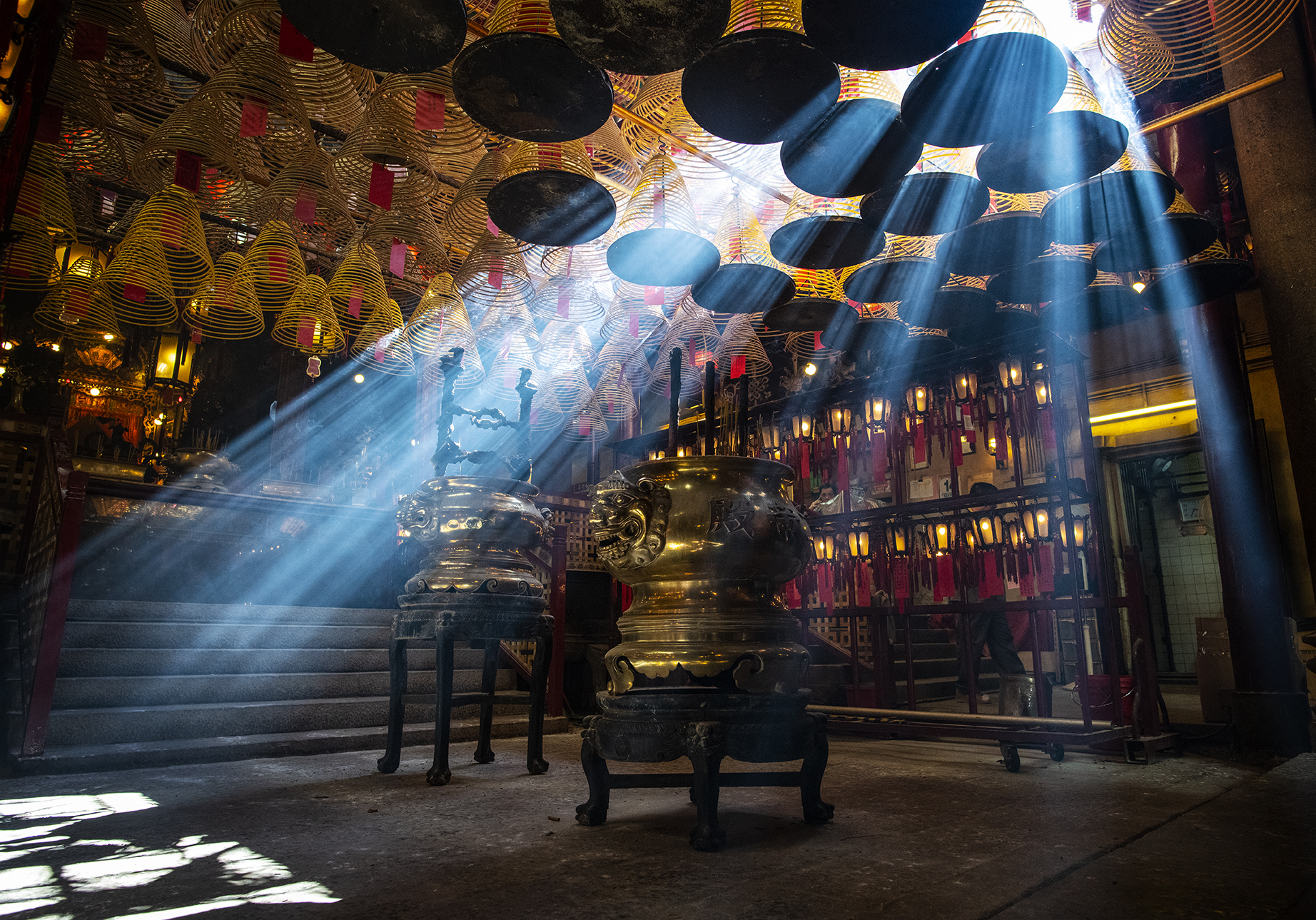 Man Mo Temple, Hong Kong, sunlight streaks