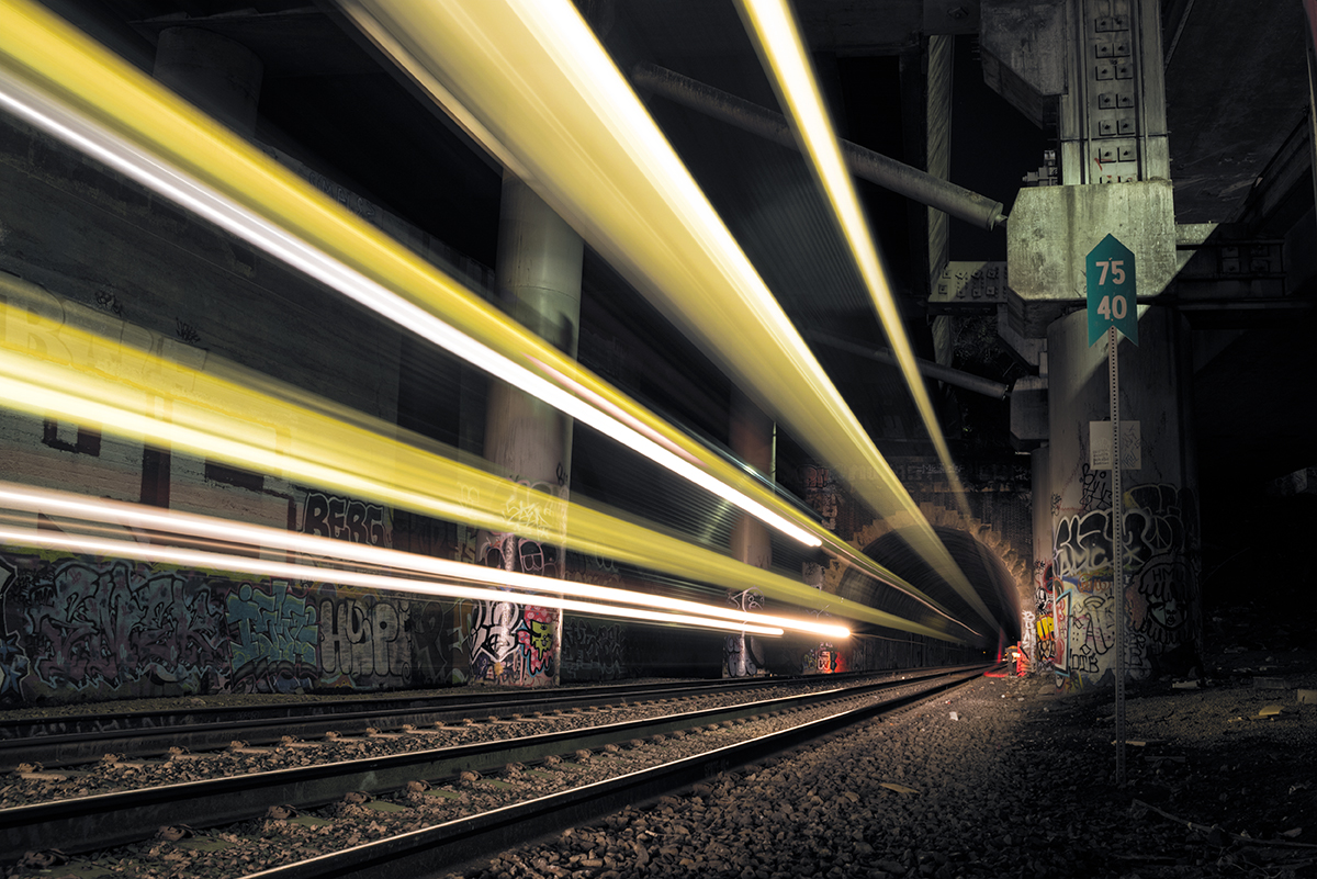 Train tunnel light trails, San Francisco