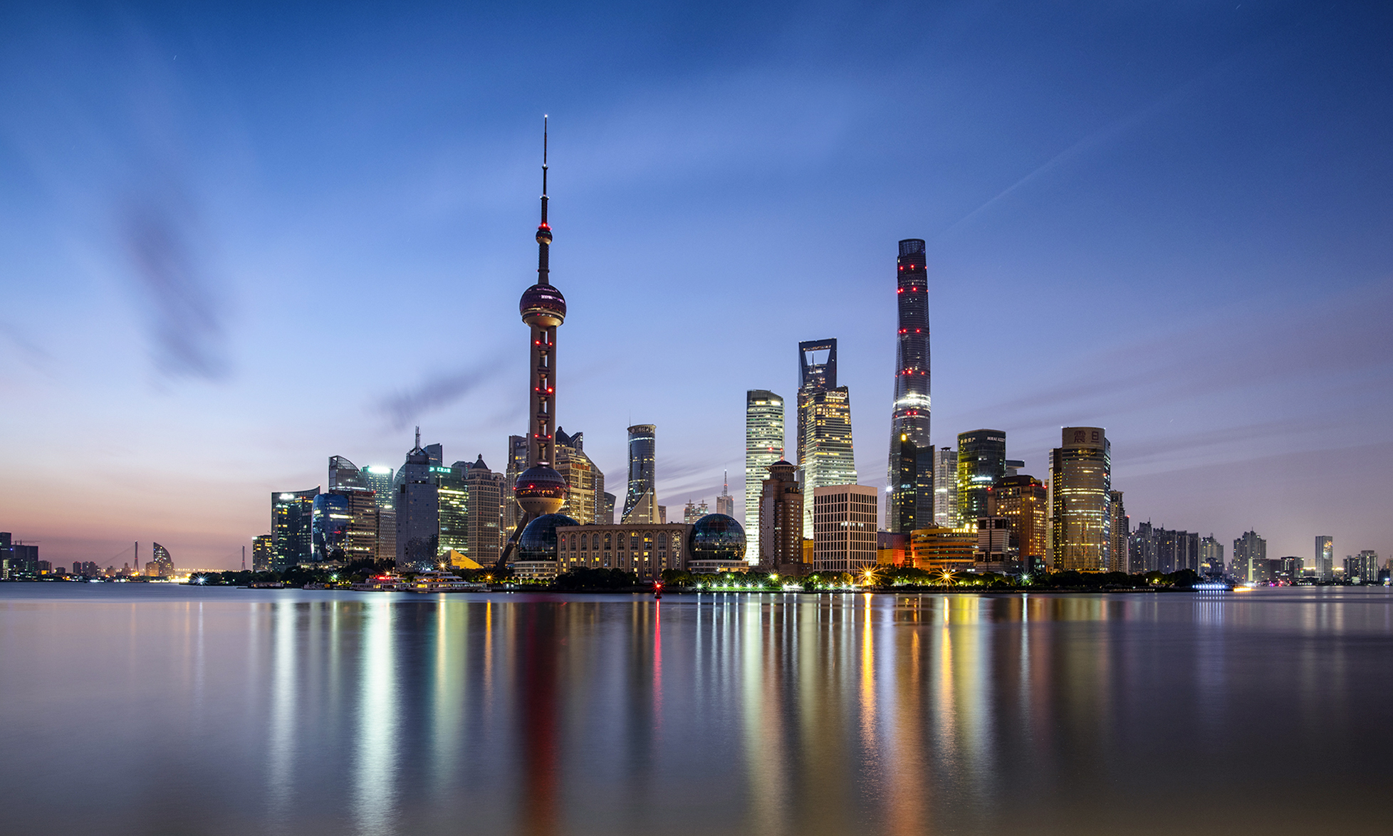 The Bund, Shanghai, city lights at dawn