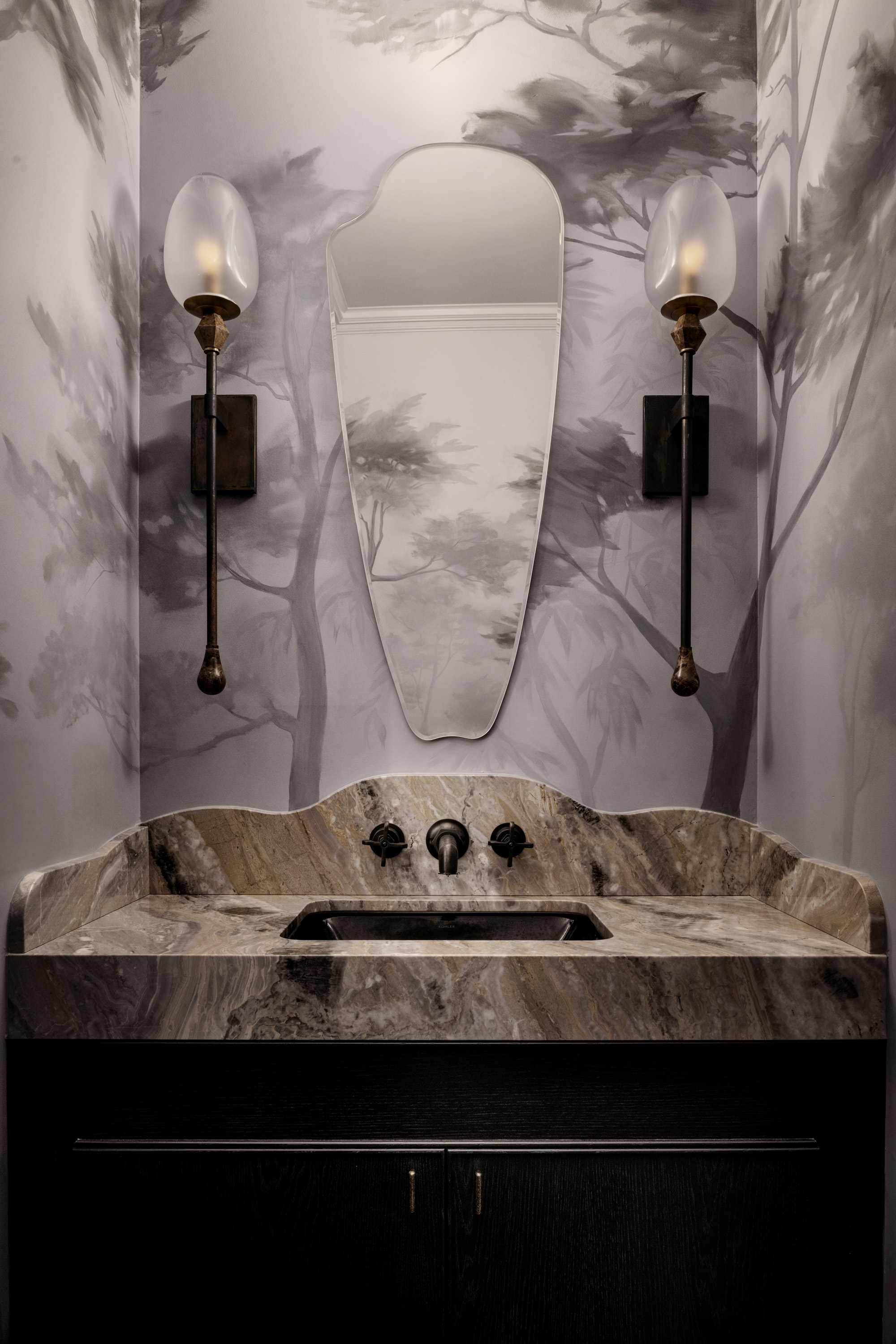 Remodeled bathroom with a custom painted cypress tree mural