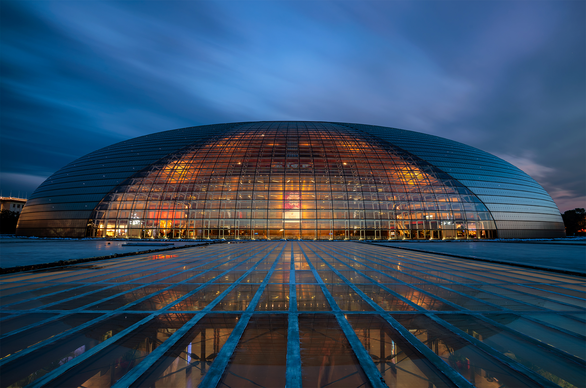 evening blue hour, looking upon the massive egg-shaped architecture of the Beijing National Center of Performing Arts