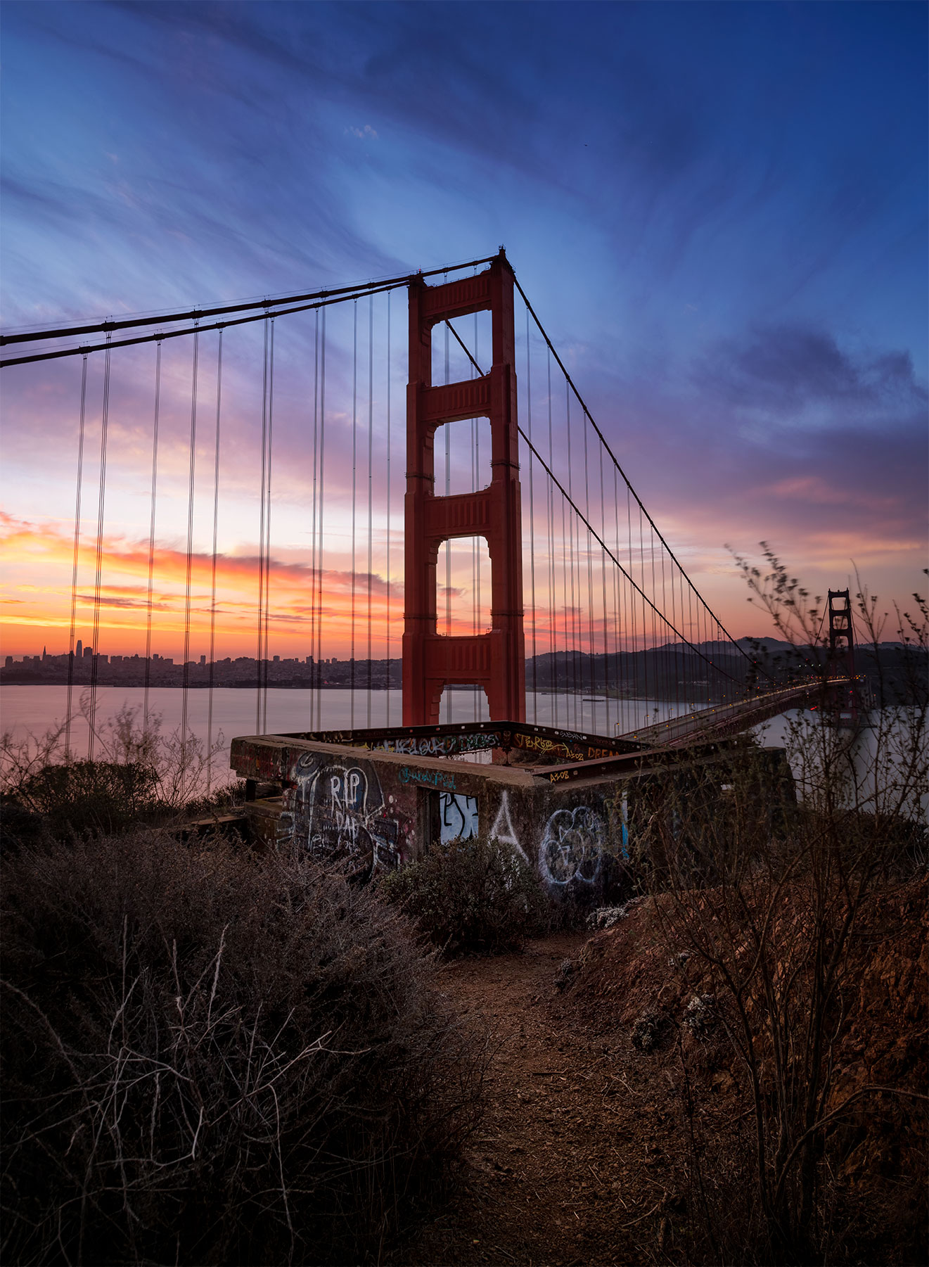 Sunrise view from the bunkers overlooking the Golden Gate Bridge
