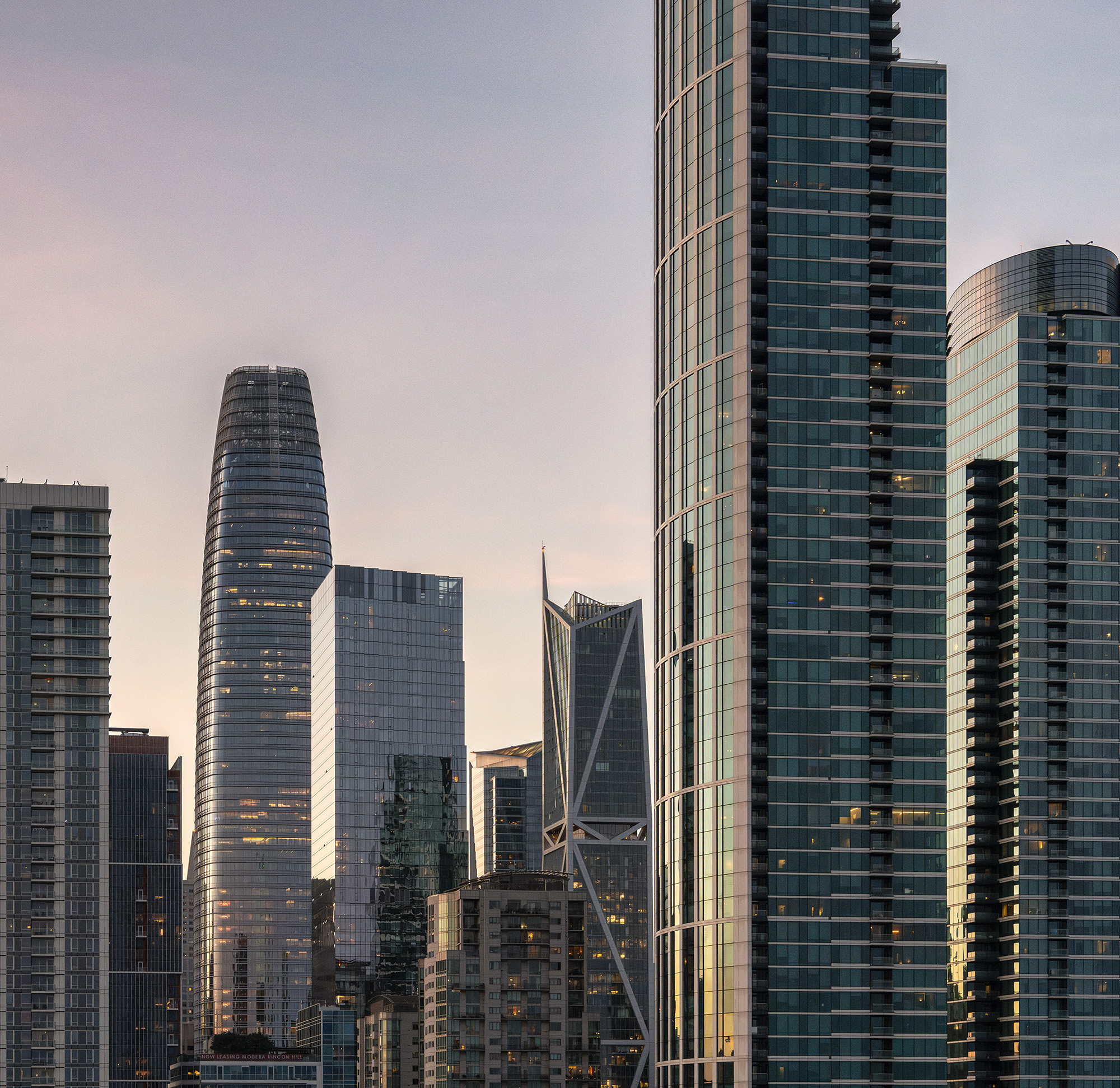 A portrait of downtown highrise towers at sunset in San Francisco by Philippe Newman Photography
