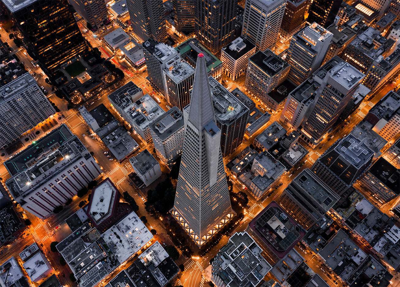 Overhead aerial image looking down upon the Transamerica before sunrise